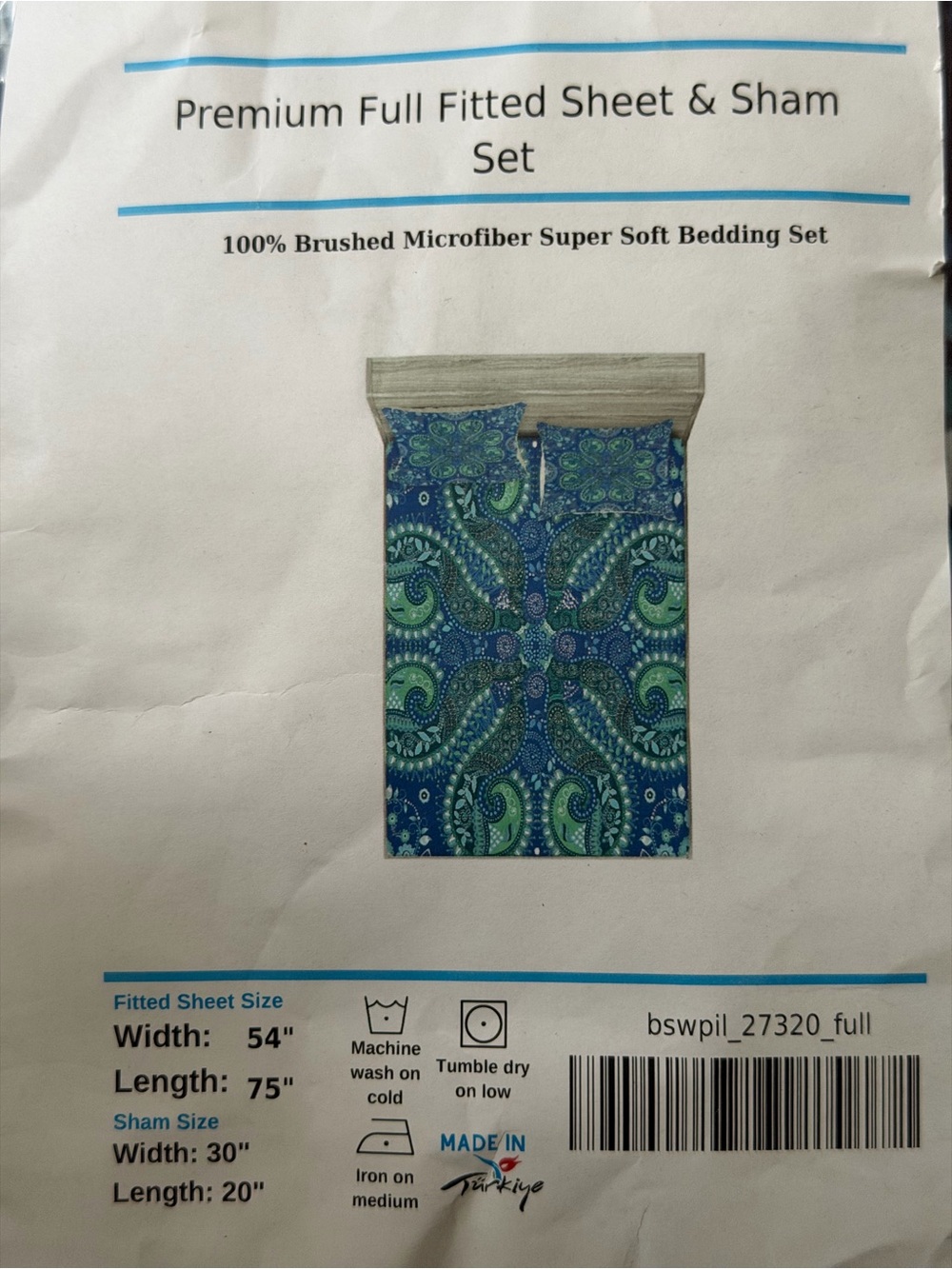 Premium Full Fitted Sheet & Sham Set - Blue & Green Paisley